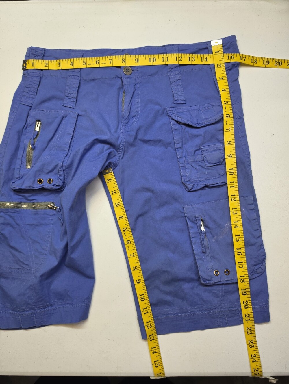 Pete & Greta Y2K Unisex Blue Cargo Bremuda Shorts Utility Pockets Thrashed - Picture 5 of 13